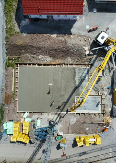 Bodenplatte Vogelperspektive Neubau Mehrfamilienhaus bei Ulm (Baden-Württemberg)