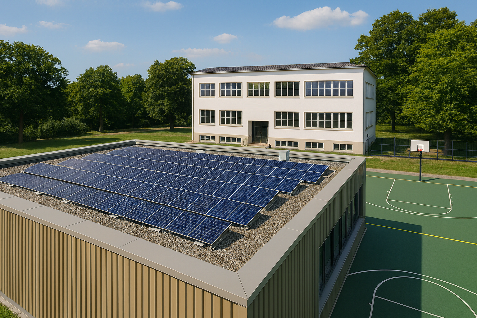 Moderne Schule mit angrenzender Sporthalle und Basketballplatz, deren Flachdach mit Photovoltaik-Anlagen ausgestattet ist – nachhaltige Energiegewinnung im Bildungsbereich.