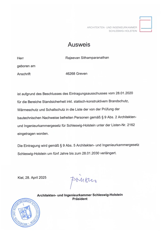 Ausweis Architekten- und Ingenieurkammer Schleswig-Holstein