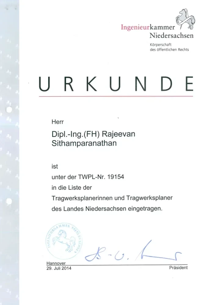 Urkunde IngenieurkammerNiedersachsen
