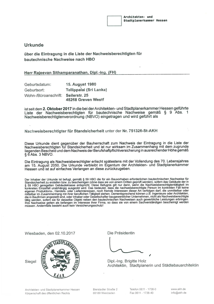 Urkunde Statik Architekten-und Stadtplanerkammer Hessen